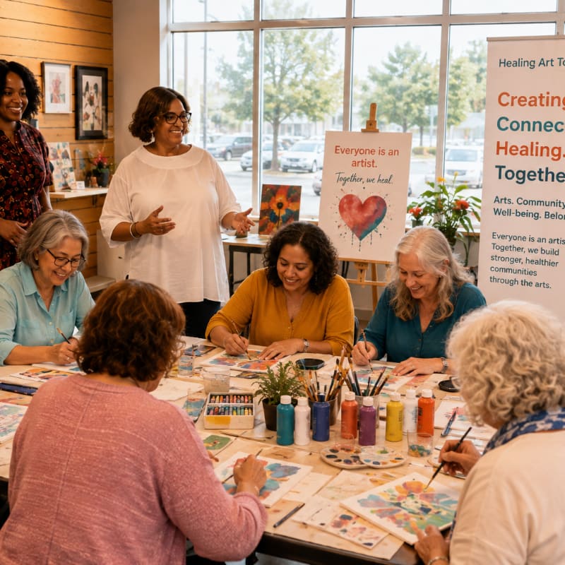 A group of women of various ages are engaged in an art class, painting at a table with art supplies, while a banner in the background promotes healing through art.