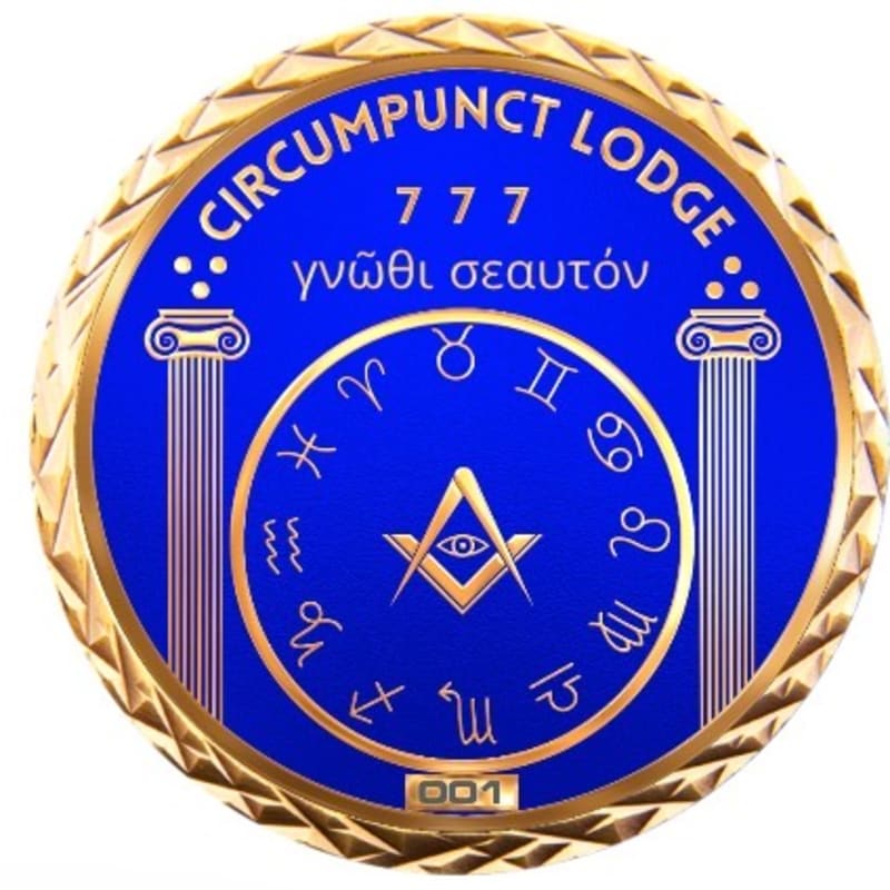 A circular emblem with a golden, textured border frames a deep blue background featuring astrological symbols, Greek text, and Masonic imagery, flanked by classical columns.