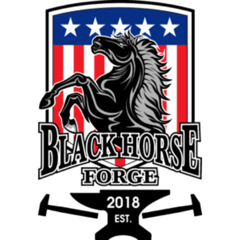 A rearing black horse with a flowing mane is silhouetted against a shield with American flag stripes and stars, with "BLACK HORSE FORGE" and "2018 EST." above an anvil and hammers in the foreground.