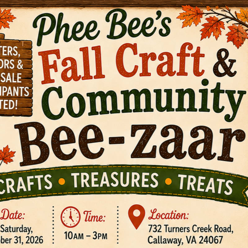 A rustic sign advertises "Phee Bee's Fall Craft & Community Bee-zaar" with autumn leaves and event details in the foreground, set against a textured, wood-like background.