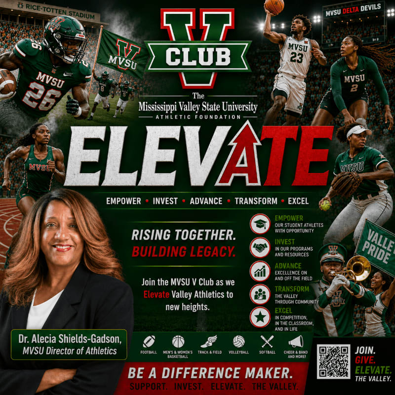 A woman in the foreground smiles as athletes in football, basketball, and softball uniforms are featured in the background, along with the MVSU V Club logo and promotional text.