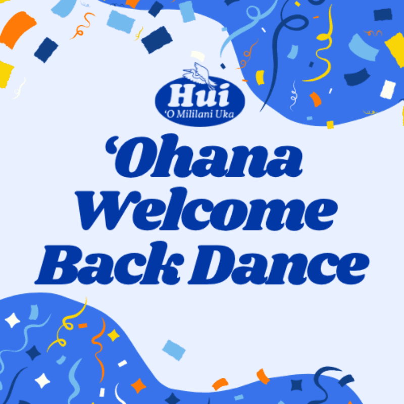 Blue and white confetti rains down on a blue background with the text "Ohana Welcome Back Dance" in large white letters, and a small "Hui O Mililani Uka" logo at the top.