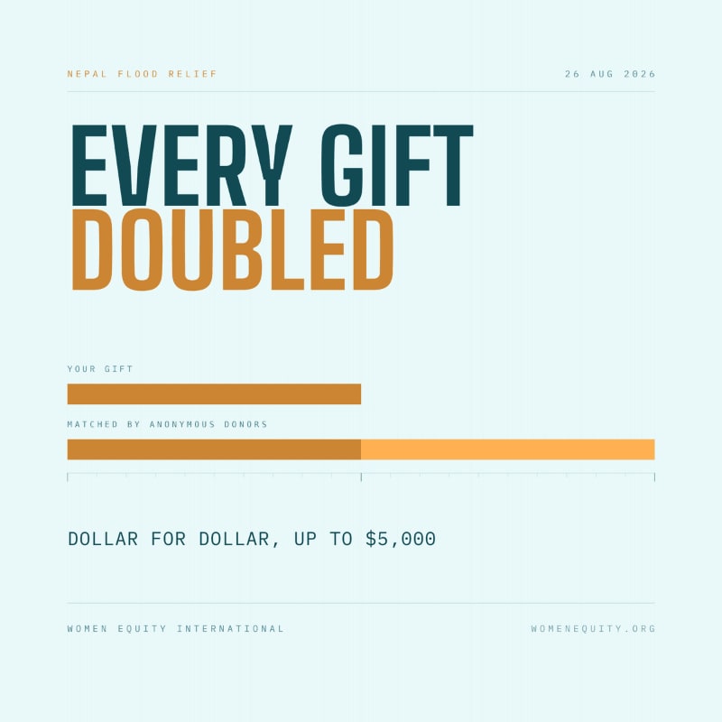 A dark blue background displays bold white and yellow text announcing "EVERY GIFT DOUBLED" and a bar graph showing donations, with "WOMEN EQUITY INTERNATIONAL" and "WOMENQUITY.ORG" at the bottom.