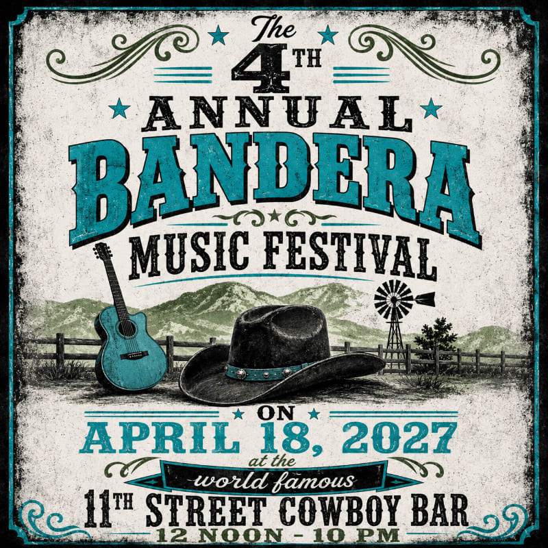 A cowboy hat and guitar rest in the foreground against a backdrop of rolling hills, a windmill, and a fence, advertising the 4th Annual Bandera Music Festival.