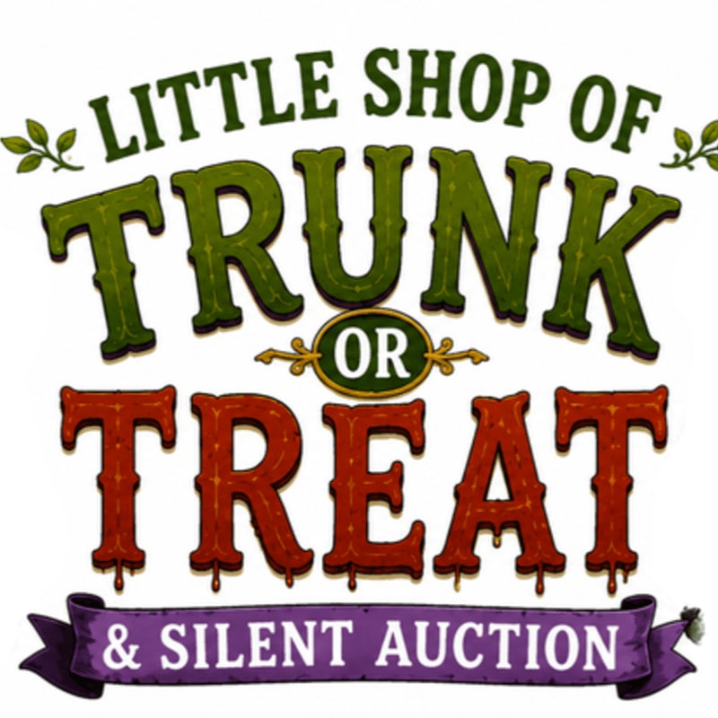 Green and red lettering spells out "LITTLE SHOP OF TRUNK OR TREAT" above a purple banner that reads "& SILENT AUCTION," all set against a white background.