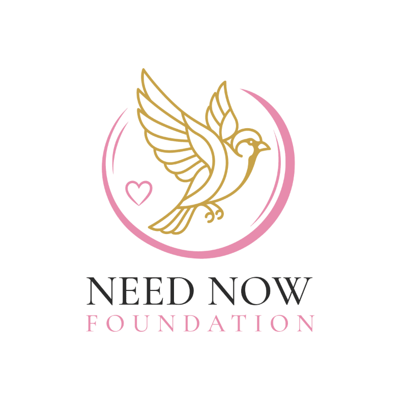 A golden bird with outstretched wings is depicted in flight within a pink circle, accompanied by a small heart, above the text "NEED NOW FOUNDATION" in black and pink.