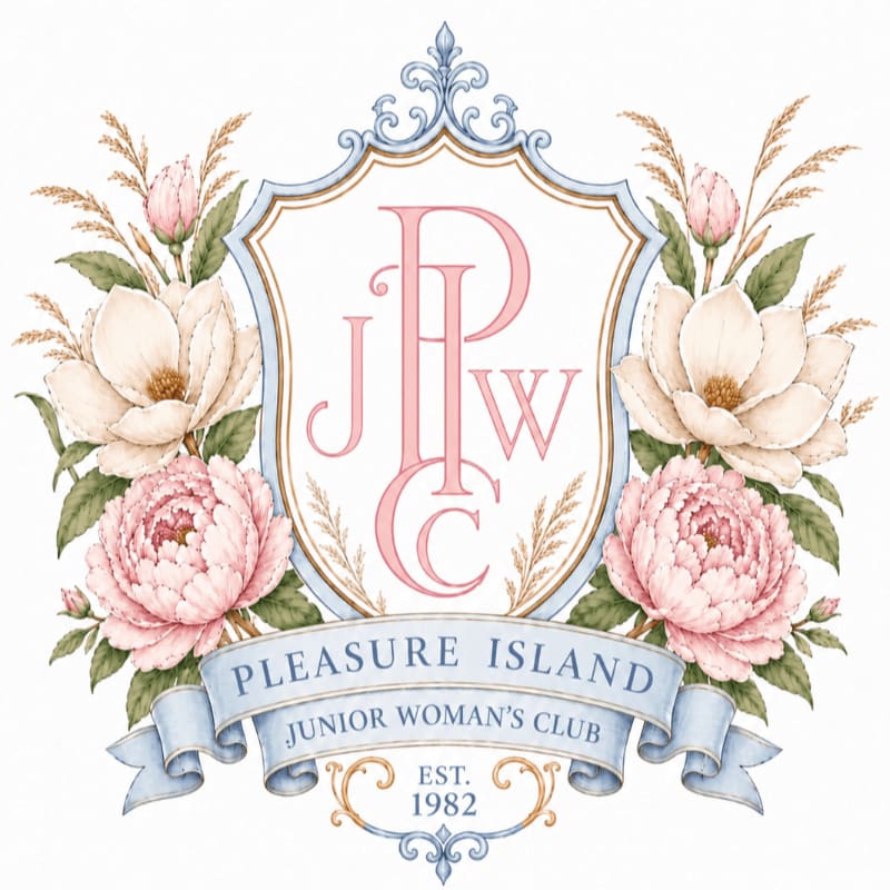 A crest with the initials "J.P.W.C." is surrounded by peonies and magnolias, with a banner below reading "Pleasure Island Junior Woman's Club Est. 1982" against a patterned background.
