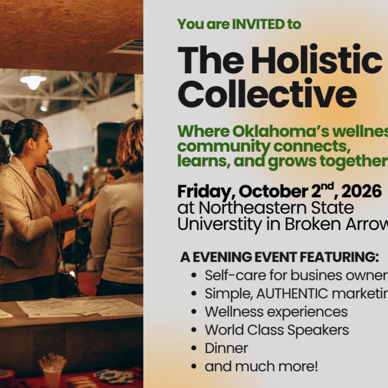 In the foreground, two women are engaged in conversation at a table, while the background features text announcing "The Holistic Collective" event.