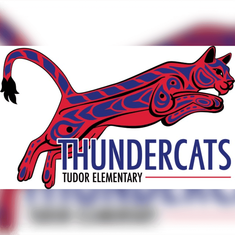 A stylized red and blue cougar leaps across the foreground with "THUNDERCATS TUDOR ELEMENTARY" written below it, set against a blurred white and grey background.
