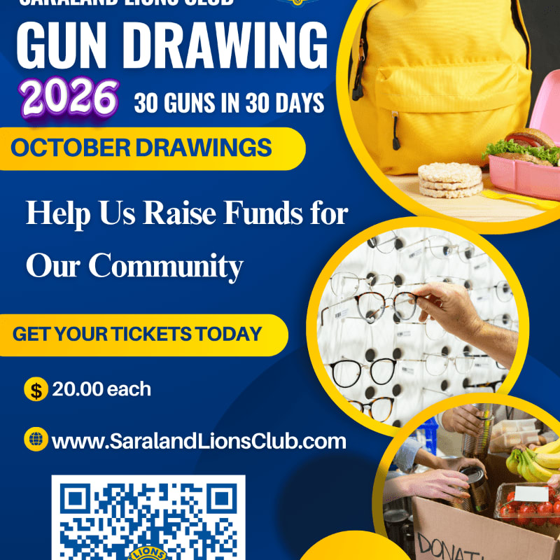 A bright yellow backpack and lunchbox are in the foreground, while the background features a collage of images related to eyeglasses, a donation box, and text promoting a gun drawing fundraiser.
