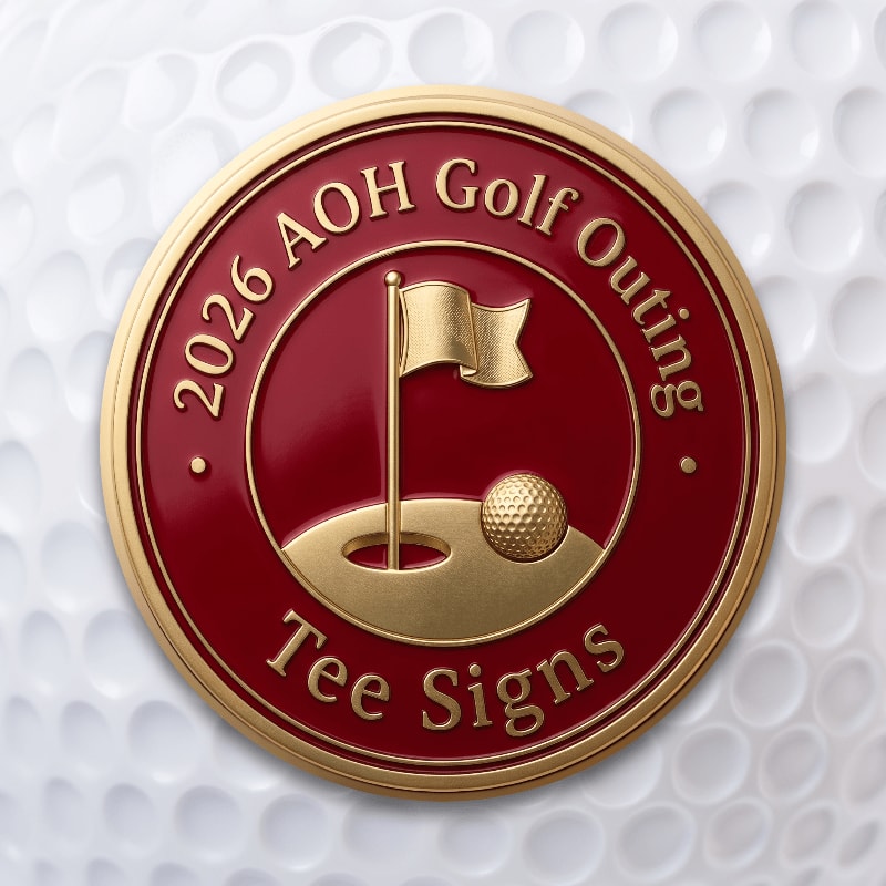 A circular, embossed gold and maroon emblem for the "2026 AOH Golf Outing Tee Signs" rests on a textured white golf ball background.