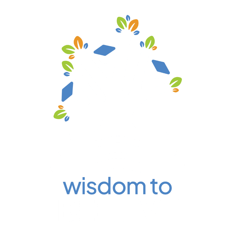 Blue diamonds and colorful leaves form an abstract shape above the words "wisdom to" on a white background.