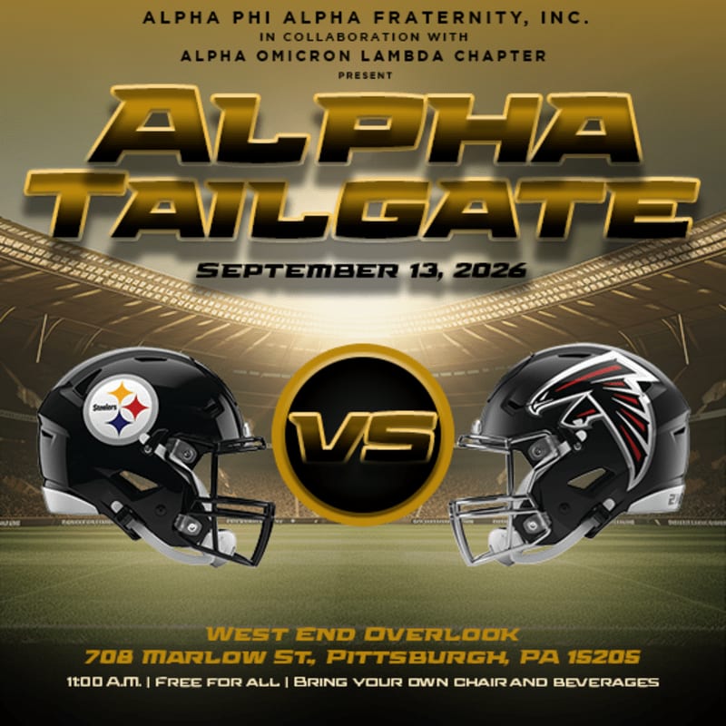 Two football helmets, one for the Pittsburgh Steelers and one for the Atlanta Falcons, are displayed in the foreground against a stadium background advertising an "Alpha Tailgate" event.
