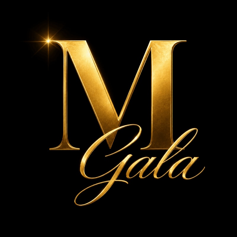 A large, golden letter "M" with a sparkling highlight sits above the elegant, cursive word "Gala" against a stark black background.