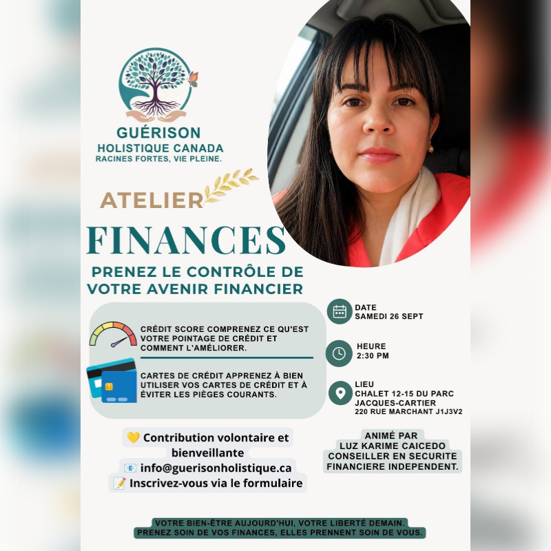 A woman is featured in the background of a flyer advertising a financial workshop, with the foreground detailing information about the event.