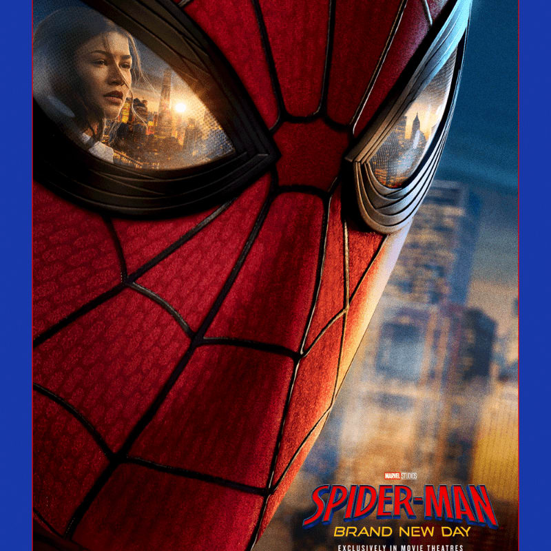 A close-up of Spider-Man's mask in the foreground reveals a reflection of Zendaya in the background, with a blurred cityscape behind her.