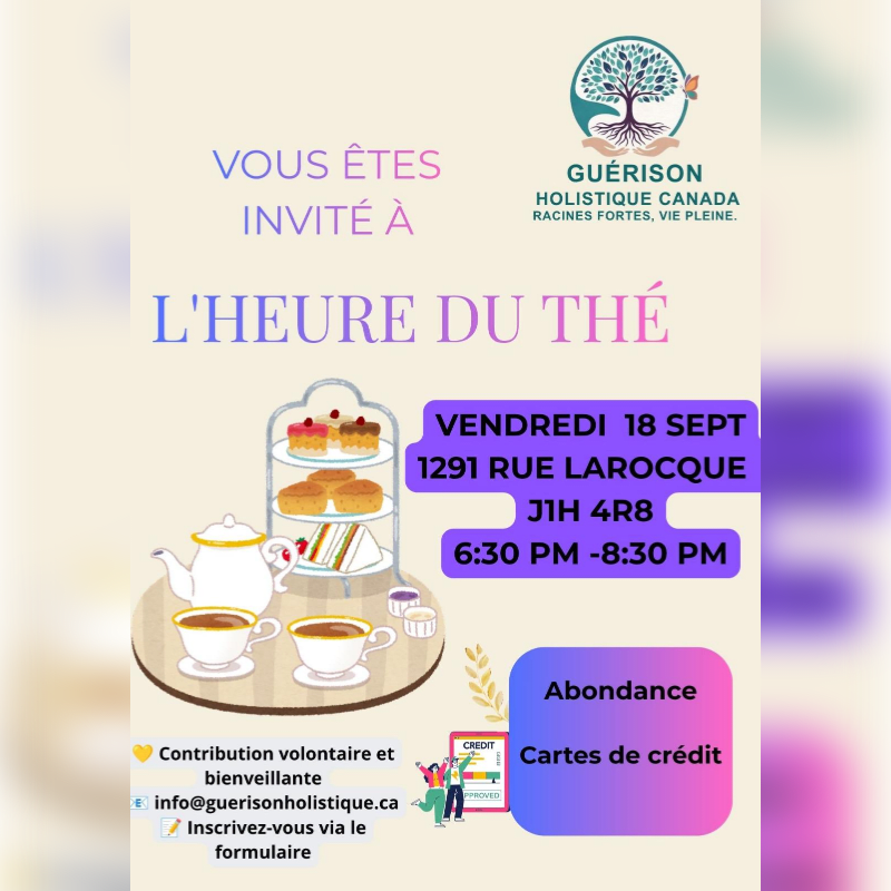 A tea set with pastries sits on a table in the foreground, while event details for "L'HEURE DU THÉ" are displayed in the background.
