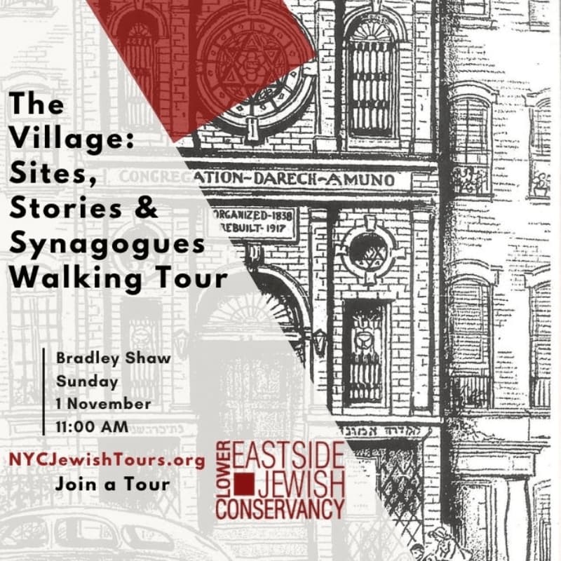 A flyer for a walking tour of synagogues in "The Village" is overlaid on a sketch of an old brick building with a Star of David.