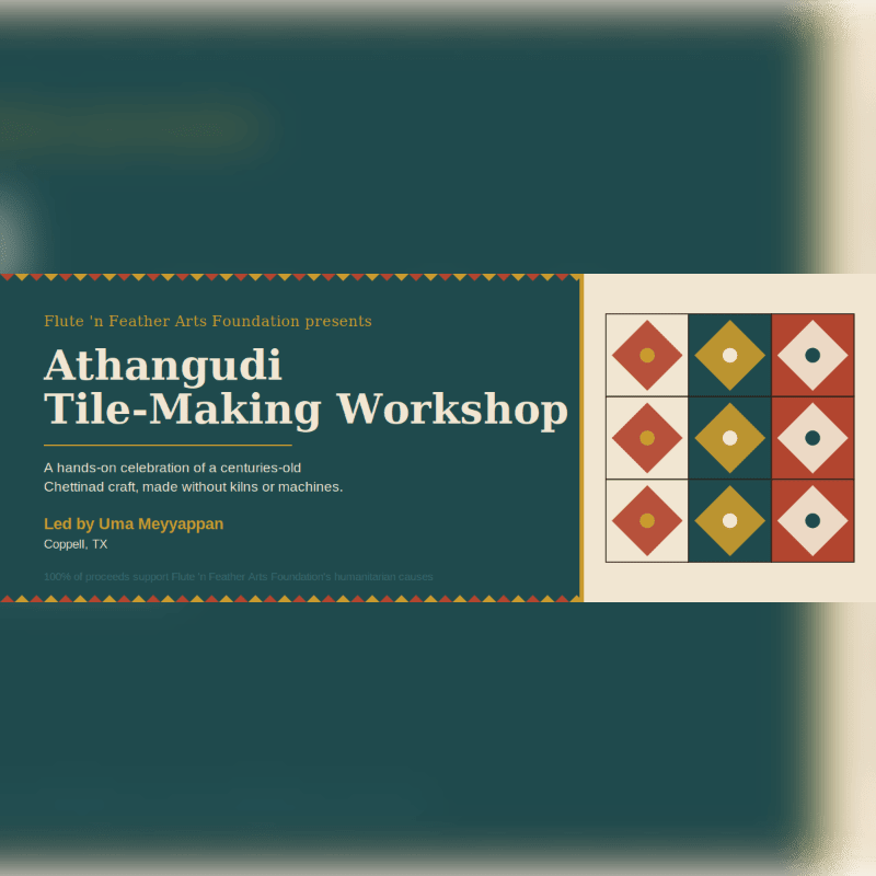 A dark teal banner with text announcing an Athangudi Tile-Making Workshop is overlaid on a blurred background, with a geometric tile pattern on the right side.