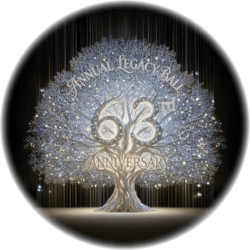 A luminous, white tree adorned with lights and the text "Annual Legacy Ball 63rd Anniversary" stands in the foreground against a dark, curtained background.