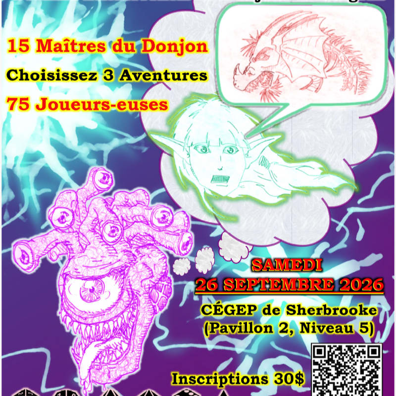 A purple, multi-eyed monster with a tongue and a green-haired elf with pointed ears are in the foreground, while a dragon is drawn in a speech bubble in the background.