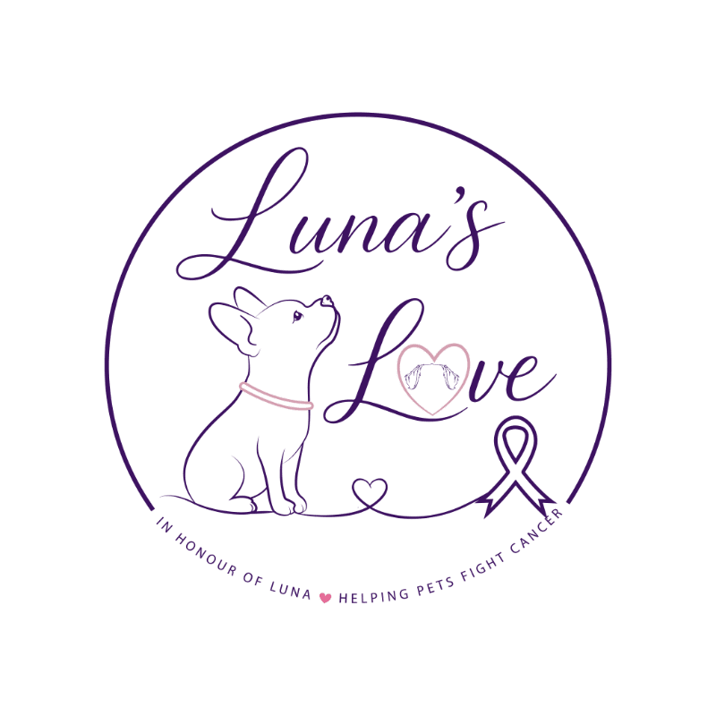 A white dog sits looking up at the words "Luna's Love" in a purple circle, with a pink ribbon and text about helping pets fight cancer in the background.
