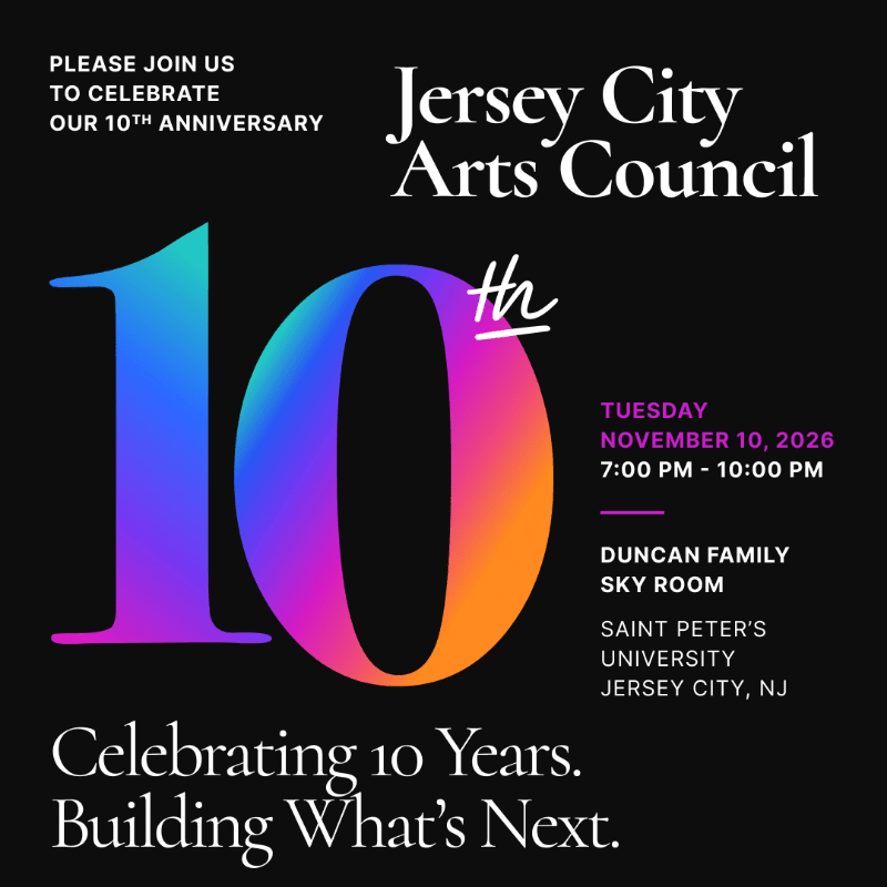 A large, colorful "10" dominates the foreground, with event details for the Jersey City Arts Council's 10th anniversary celebration in the background.