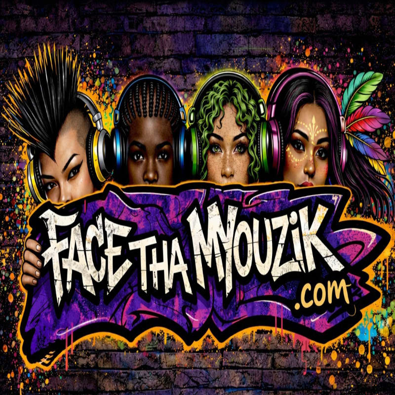 Four individuals with headphones are positioned behind a graffiti-style logo that reads "FACE THA MYUZIK.COM" against a brick wall background.
