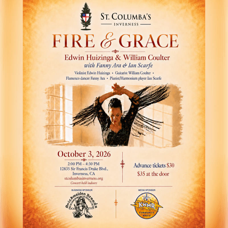 A flamenco dancer with arms outstretched is featured in the foreground against a textured, warm-toned background advertising a "Fire & Grace" concert by St. Columba's in Inverness.