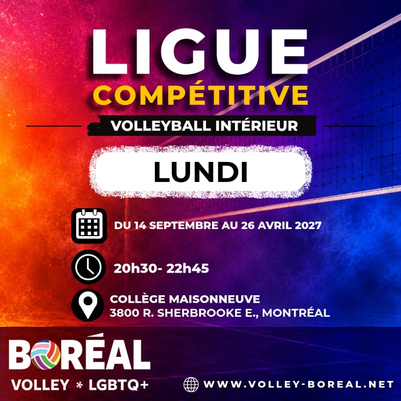 A vibrant graphic advertises a competitive indoor volleyball league on Mondays, with details about dates, times, and location in the foreground, set against a blurred background of a volleyball net and court.