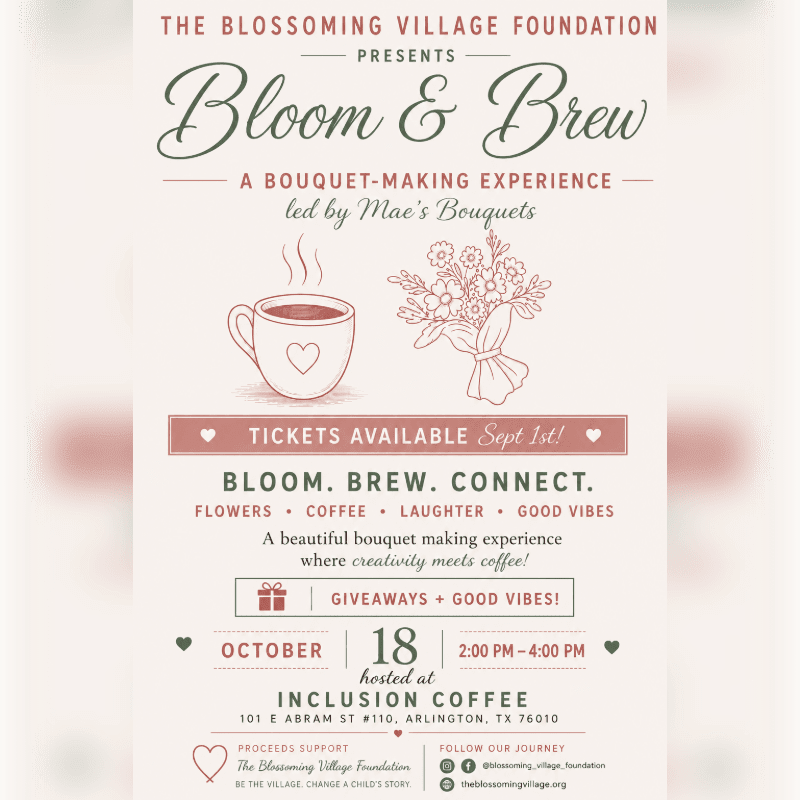 A flyer for "Bloom & Brew," a bouquet-making experience, features a coffee cup and a bouquet in the foreground against a background of event details.