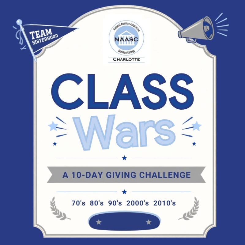 A blue and white graphic advertises "Class Wars: A 10-Day Giving Challenge" with "Team Sisterhood" and a megaphone in the background.