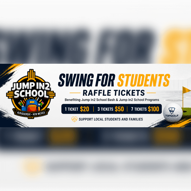 A banner advertises "Swing for Students" raffle tickets with pricing options in the foreground, set against a blurred background of a golf course.