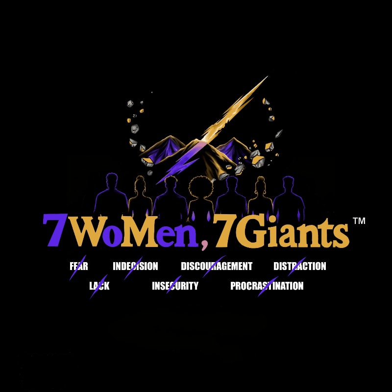 Seven silhouetted figures stand behind the bold text "7WoMen, 7Giants," with a jagged, golden lightning bolt striking purple mountains in the dark background.