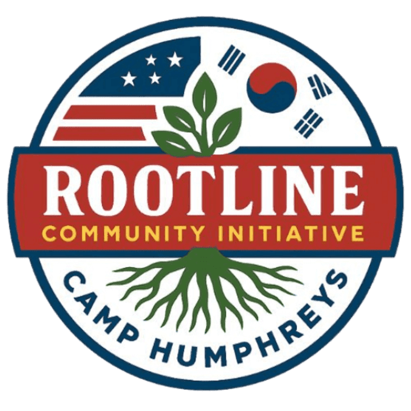 A circular logo features a green plant with roots in the foreground, and in the background, the American and South Korean flags are depicted within the circle.