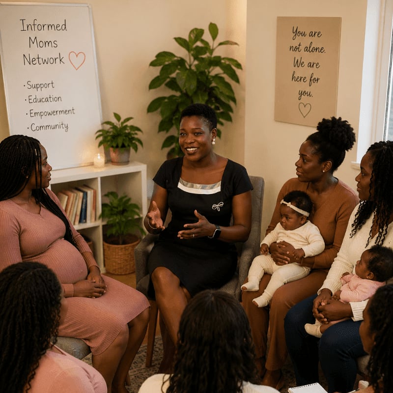 A group of mothers and their babies sit in a circle listening to a speaker in front of a whiteboard listing "Informed Moms Network" and a poster that says "You are not alone. We are here for you."