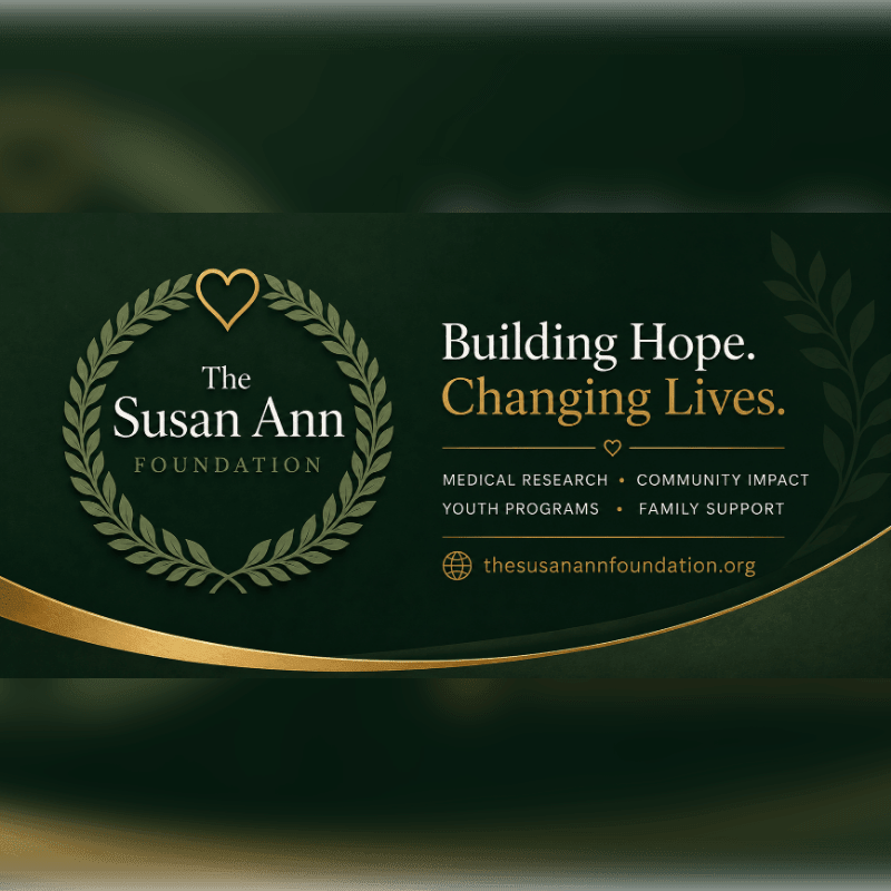 A dark green background frames the Susan Ann Foundation logo on the left and the tagline "Building Hope. Changing Lives." with supporting pillars on the right.