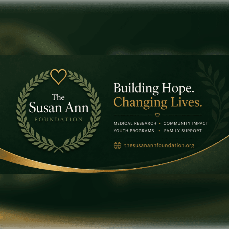 A dark green background frames the Susan Ann Foundation logo on the left and the tagline "Building Hope. Changing Lives." with supporting pillars on the right.