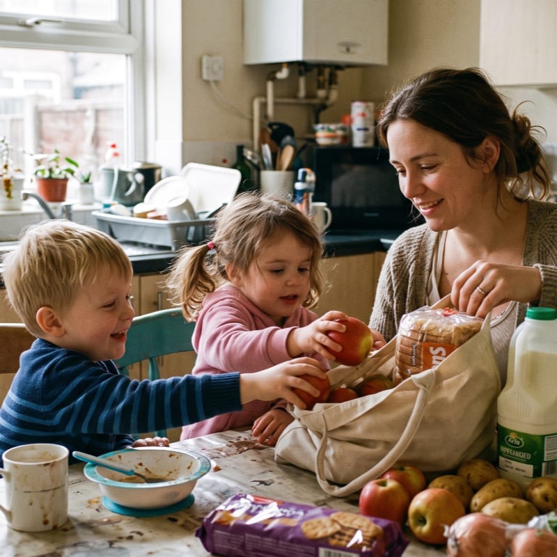 A mother and her two young children unpack groceries at a kitchen table, with a window and kitchen appliances visible in the background.