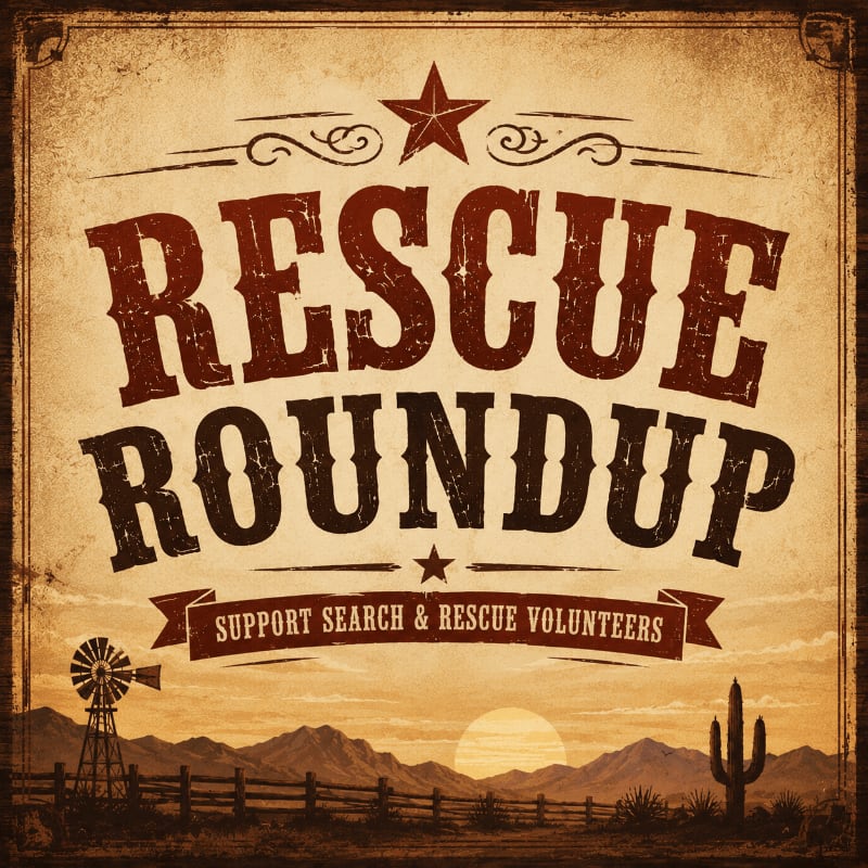 A rustic "RESCUE ROUNDUP" title with a western landscape of a windmill, cactus, and mountains in the background.