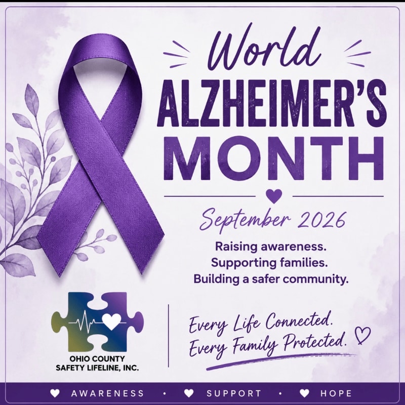 A purple Alzheimer's awareness ribbon and puzzle piece logo are in the foreground against a soft purple watercolor background with text announcing "World Alzheimer's Month" and details about September 2026.
