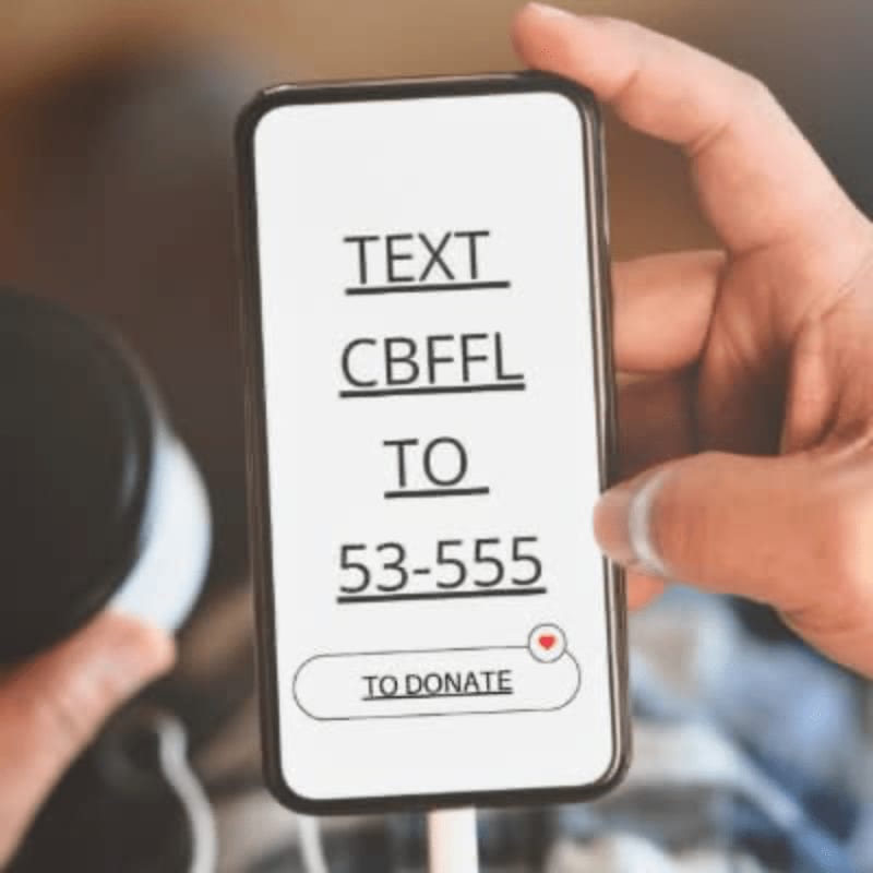 A hand holds a smartphone displaying a donation request, with a blurred background of a person holding a cup.