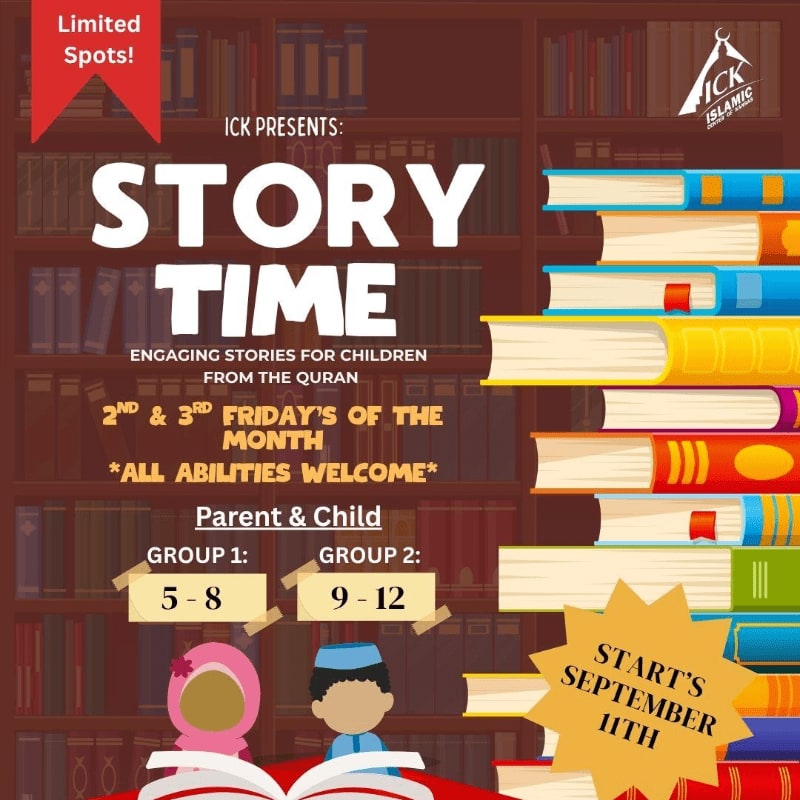 A colorful graphic advertises "Story Time" for children, featuring illustrations of children reading books in the foreground against a background of bookshelves filled with books.