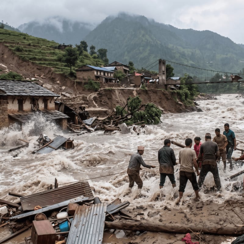 In the foreground, people struggle through a raging, debris-filled flood, while in the background, a village is devastated by landslides and a swollen river under a cloudy sky.