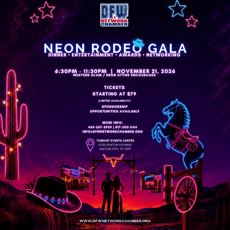 Neon rodeo-themed graphics, including a cowboy hat and cactus in the foreground, advertise a gala event in the background.