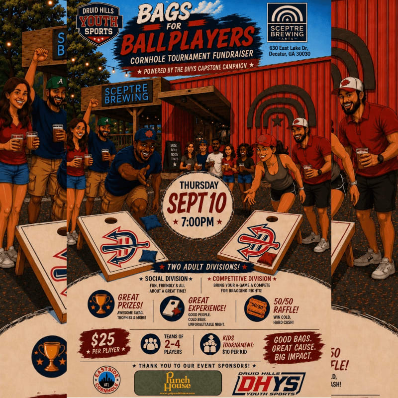 In the foreground, cornhole boards and excited players are set up for a tournament, while the background features a brewery and a crowd of spectators.