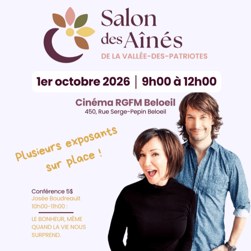 A poster for a senior's expo in the foreground features a smiling woman and man, with event details and a logo in the background.