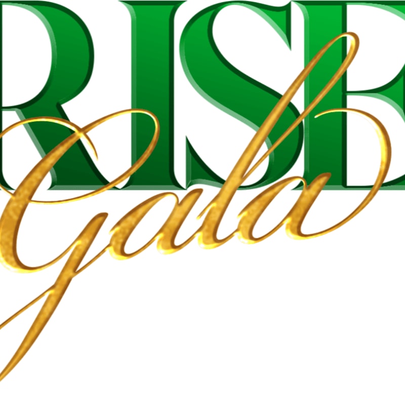 Golden script spelling "Gala" overlays green block letters spelling "RISE" against a white background.