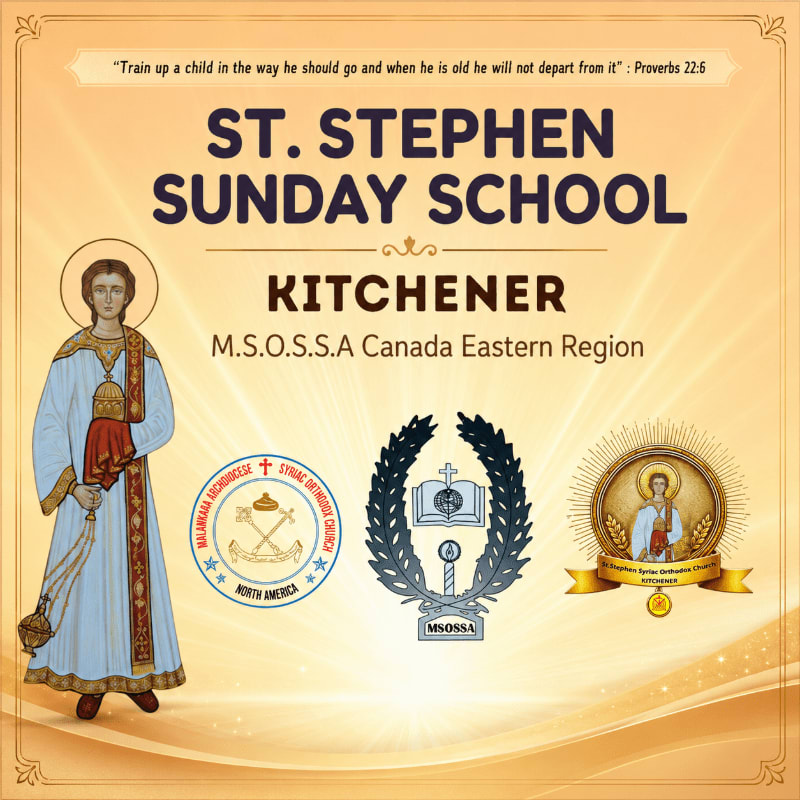 A religious illustration of Saint Stephen stands on the left, with three circular emblems and text in the center, all set against a warm, gradient background.