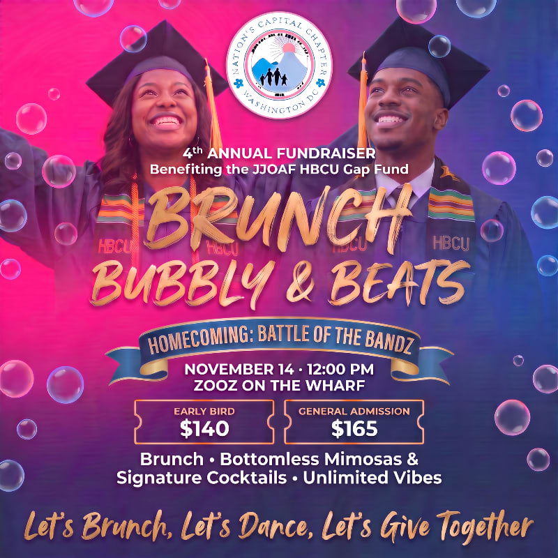 A smiling couple in graduation gowns are featured in the foreground against a vibrant, bubbly background advertising a "Brunch Bubbly & Beats" fundraiser.